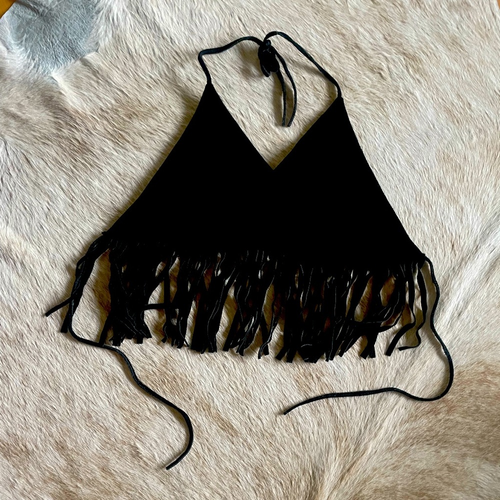 Passport Genuine Suede Leather Cropped Top Black Fringe Large